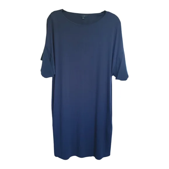 COS Sz S Jersey Knit Tee Shirt Tunic Dress Stretch Silk Drop Sleeve Pockets Blue - Picture 4 of 16